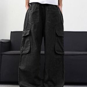 Mens Denim Baggy Pants with Cargo Pockets Mid Weight Casual Streetwear Wide Leg